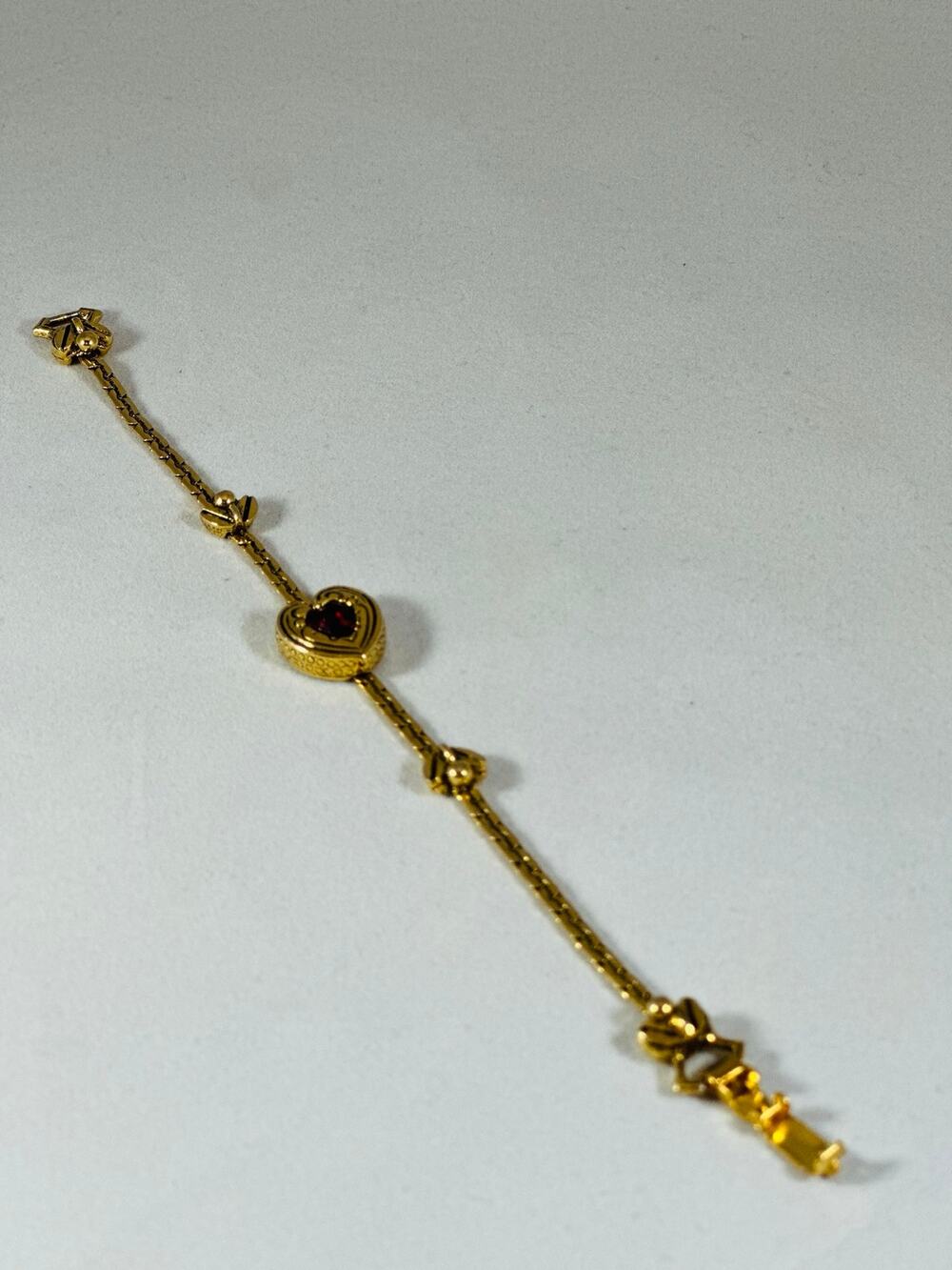 Vintage Goldette Heart Bracelet 7" Red Rhinestone Gold Tone Victorian Style